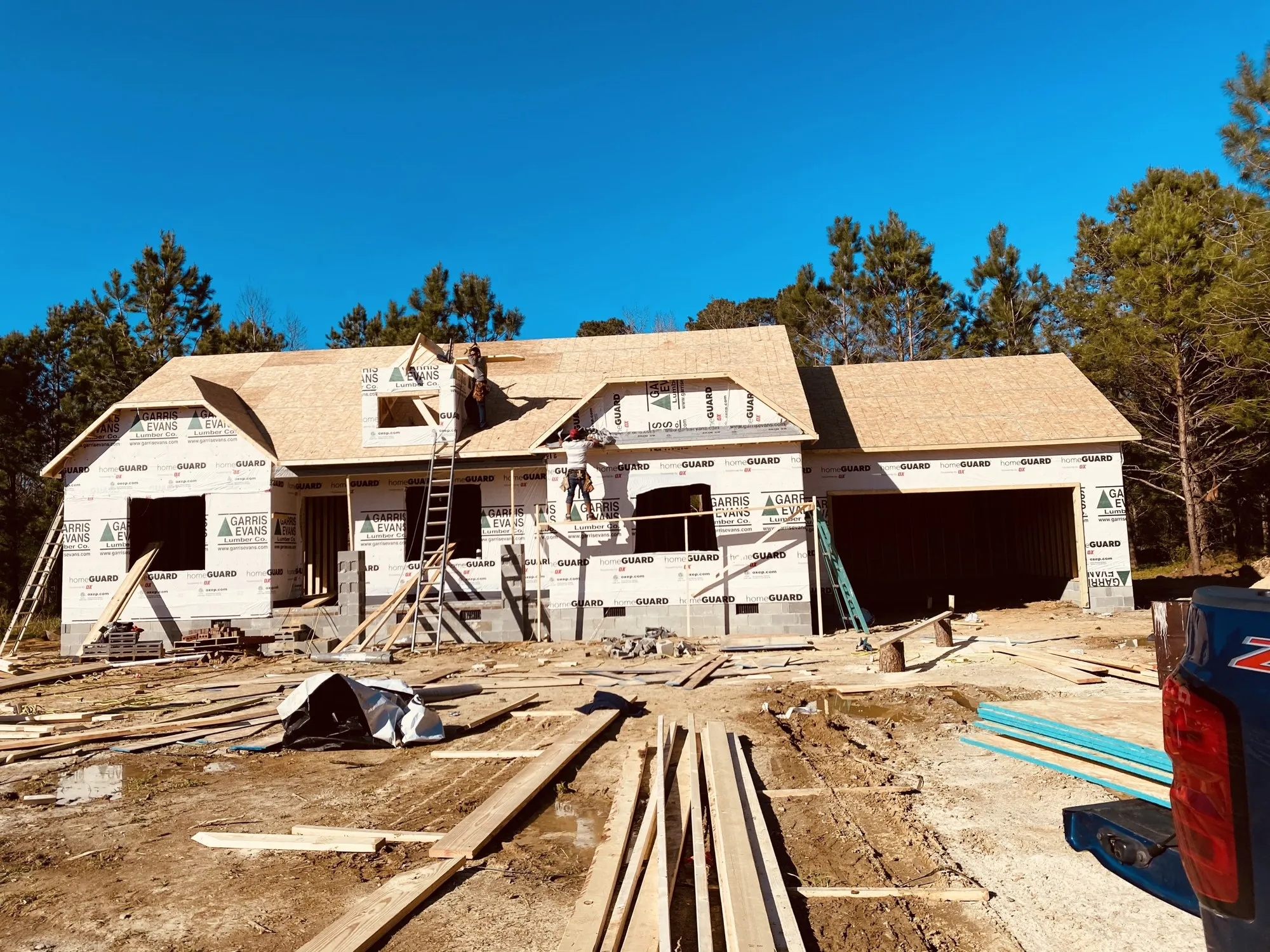 New home framed and under roof