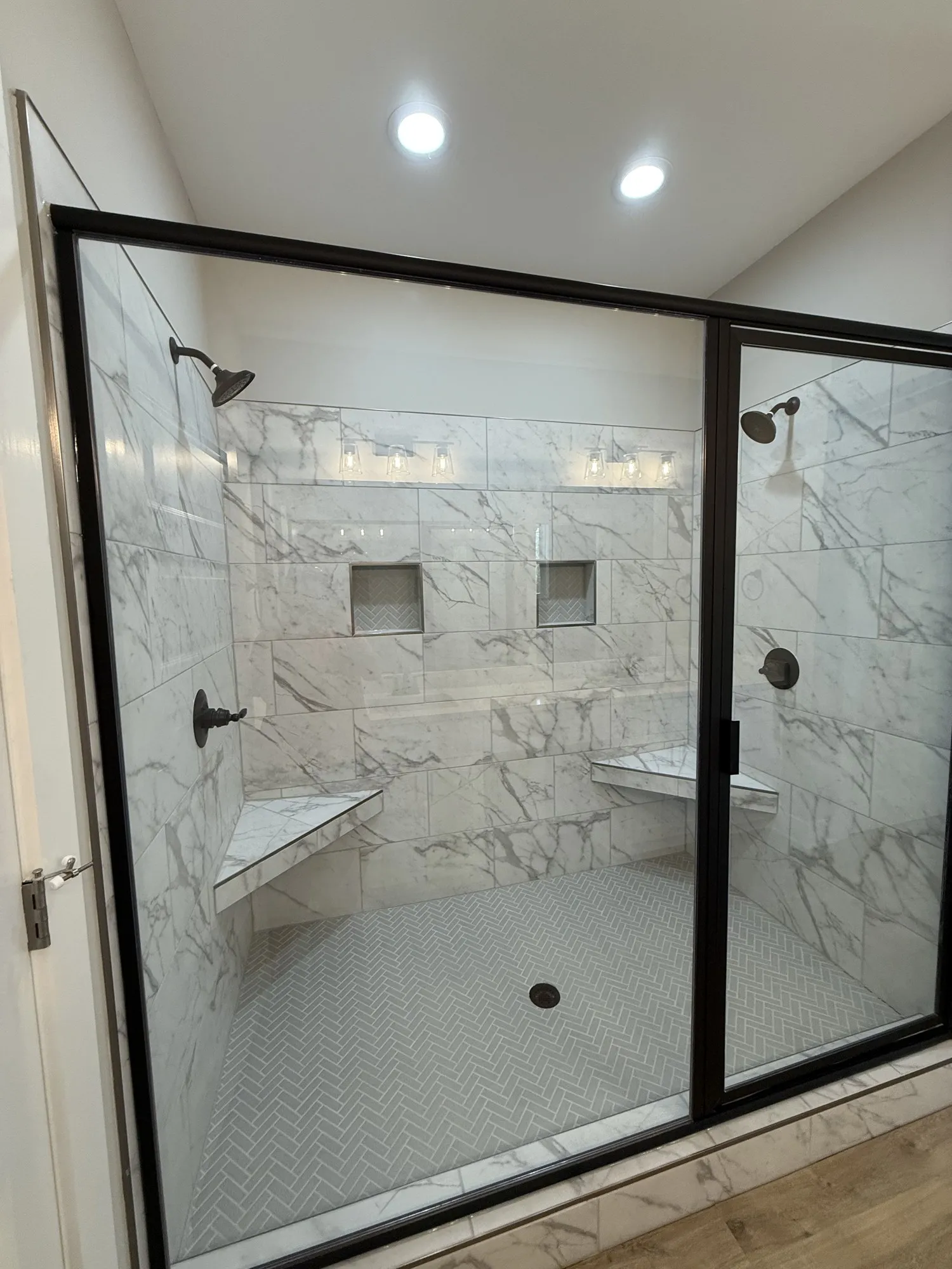 Marble walk-in tile shower