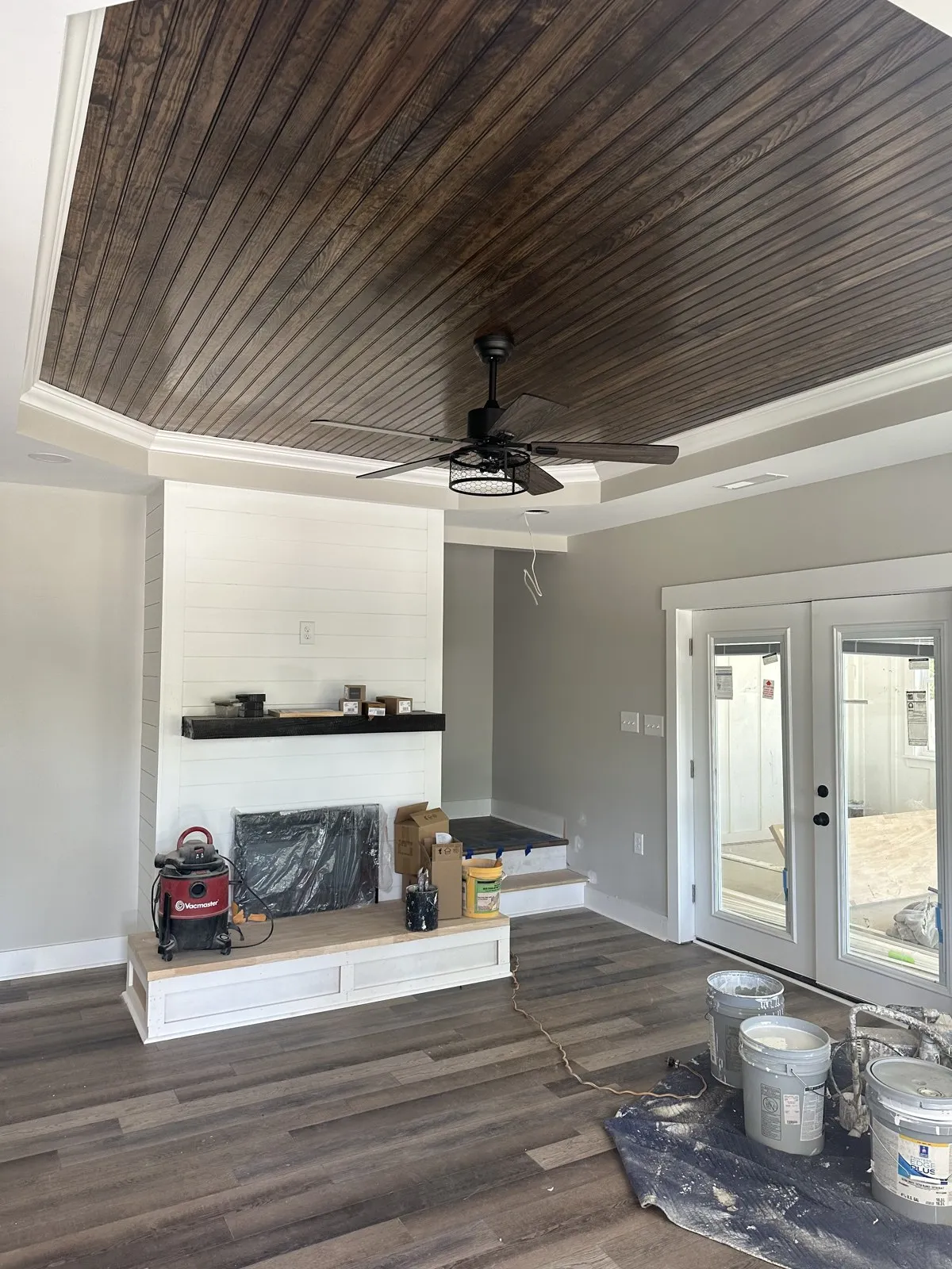 Custom wood-plank ceiling